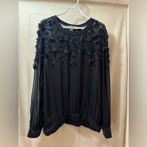 Golden Hawk Sheer Black 3D Floral Appliqué Mesh Blouse – Size M